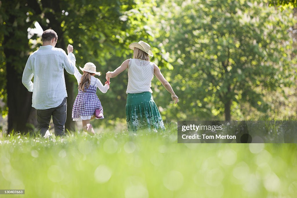 Familia caminando de la mano en el parque