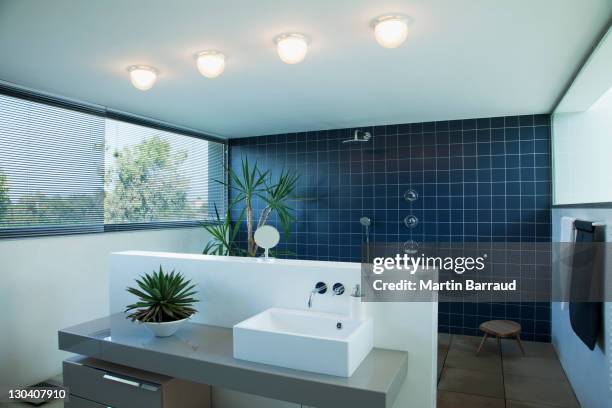 tiled open shower in modern bathroom - domestic bathroom bildbanksfoton och bilder