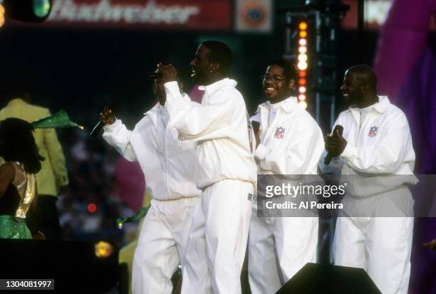 Boyz II Men perform at The Halftime Show, "A Tribute To Motown's 40th Anniversary" during the game between the Green Bay Packers and the Denver...