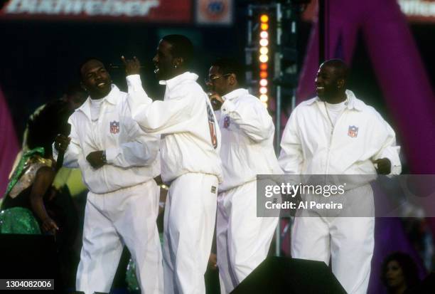 Boyz II Men perform at The Halftime Show, "A Tribute To Motown's 40th Anniversary" during the game between the Green Bay Packers and the Denver...