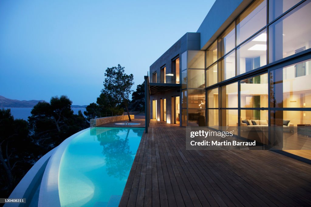 Pool outside modern house at twilight