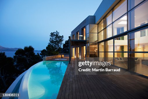 Pool outside modern house at twilight Pool outside modern house at twilight