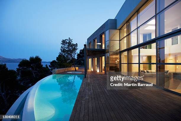 pool outside modern house at twilight - modern stock pictures, royalty-free photos & images