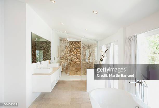 vasques et baignoire dans la salle de bains moderne - bathroom white design photos et images de collection