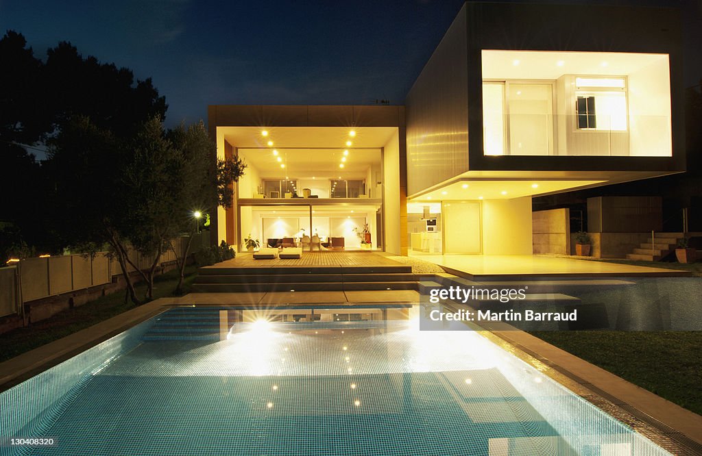 Pool outside modern house at night