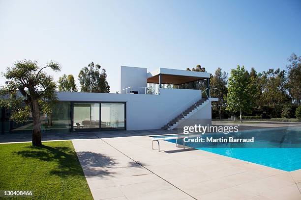 pool outside modern house - islas baleares fotografías e imágenes de stock