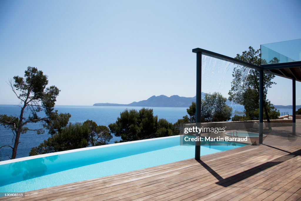 Infinity pool outside modern house