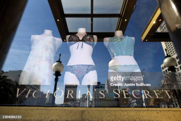 Underwear is displayed in a window at a Victoria's Secret store on February 25, 2021 in San Francisco, California. L Brands, the parent company of...