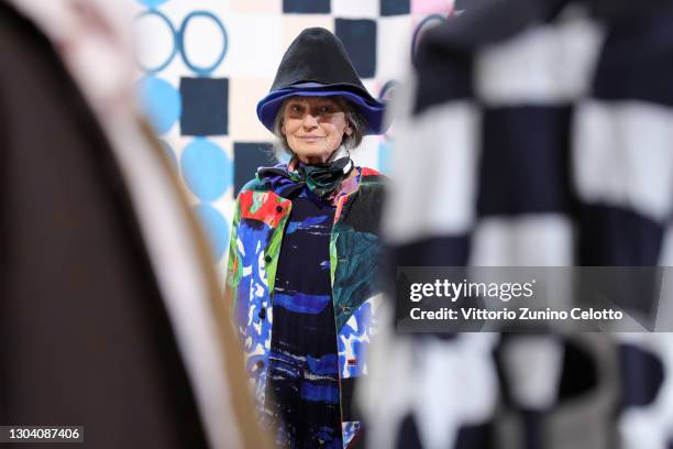 Benedetta Barzini walks the runway at the Daniela Gregis Fashion Show during the Milan Fashion Week Fall/Winter 2021/2022 on February 25, 2021 in...