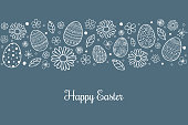 Happy Easter. Design of simple card with eggs and flowers. Vector
