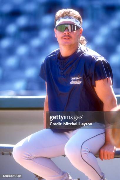 Mitch Williams of the Houston Astros Mitch Williams looks on before a baseball game against the Chicago Cubs on April 19, 1994 at Wrigley Field in...