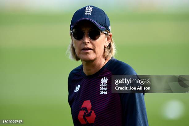 Lisa Keightley coach of England looks on ahead of game two of the One Day International series between New Zealand and England at University of Otago...