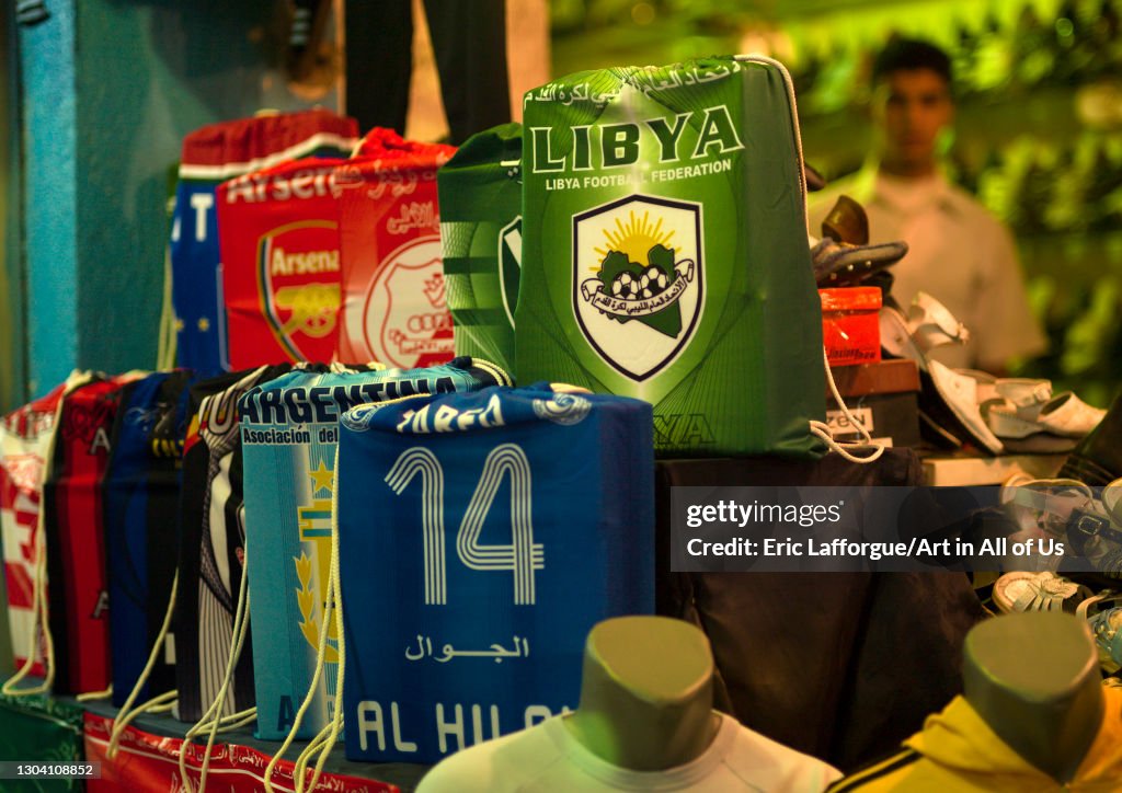 Football shirts sold in the market, Cyrenaica, Benghazi, Libya...