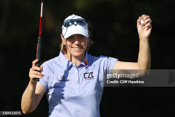 Annika Sorenstam of Sweden celebrates her birdie on the 14th green during the first round of the Gainnbridge LPGA at Lake Nona Golf and Country Club...