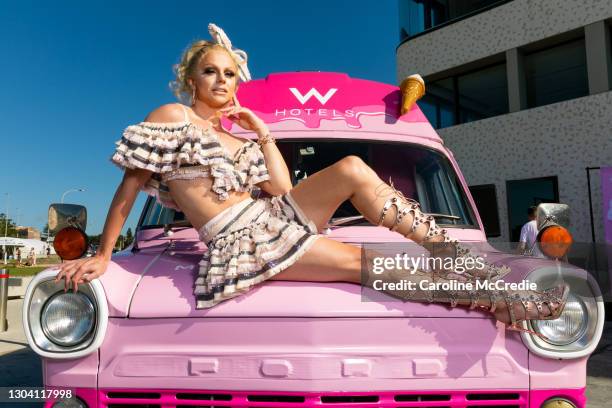 Courtney Act poses with the Witty & Whippy icecream truck during a media call for W Hotels on February 26, 2021 in Sydney, Australia.