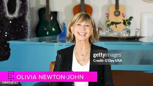 In this screengrab released on February 25, Olivia Newton-John speaks during the G'Day USA American Australian Association Arts Gala on February 25,...
