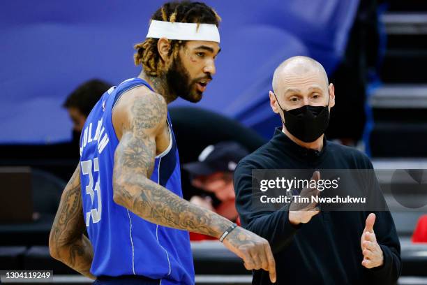 Head coach Rick Carlisle of the Dallas Mavericks instructs Willie Cauley-Stein of the Dallas Mavericks during the first quarter against the...