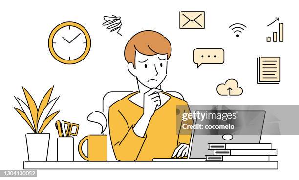 confused man working at home with laptop. - young man using computer stock illustrations