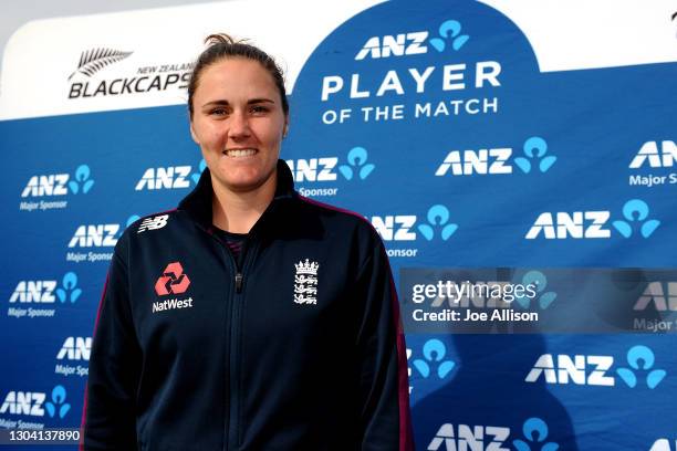 Natalie Sciver of England is awarded player of the match during game two of the One Day International series between New Zealand and England at...