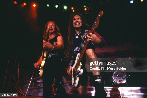 Dave Murray and Steve Harris of Iron Maiden perform at Shoreline Amphitheatre on September 16, 2000 in Mountain View, California.