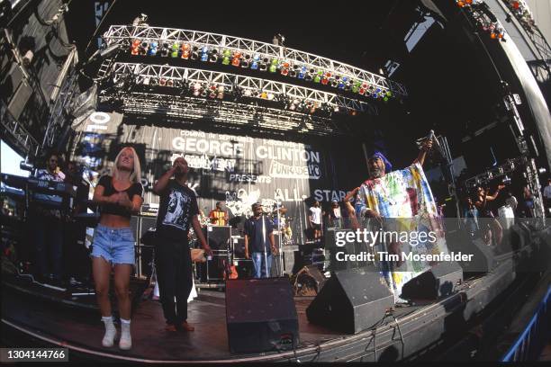 George Clinton of George Clinton and the P-Funk All Stars performs during Lollapalooza at Shoreline Amphitheatre on August 28, 1994 in Mountain View,...