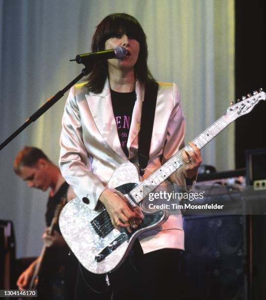 Chrissie Hynde of The Pretenders performs during the Lilith Fair at Shoreline Amphitheatre on August 9, 1998 in Mountain View, California.