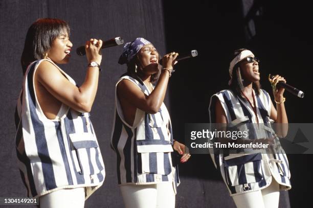 Coko, Taj, and Leelee of SWV perform during KMEL Summer Jam at Shoreline Amphitheatre on July 31, 1993 in Mountain View, California.