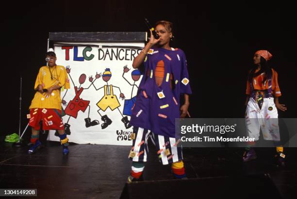Lisa Lopes, Rozonda Thomas, and Tionne Watkins of TLC perform during KMEL Summer Jam at Shoreline Amphitheatre on August 2, 1992 in Mountain View,...