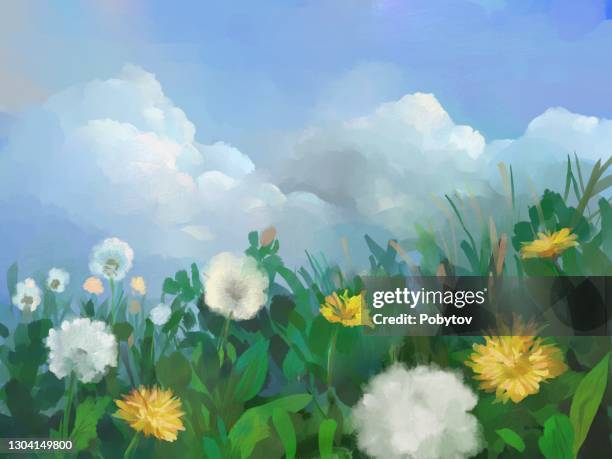 spring flowering meadow - dandelion drawing stock illustrations