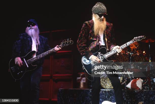 Dusty Hill and Billy Gibbons of ZZ Top perform at Concord Pavilion on May 26, 1997 in Concord, California.
