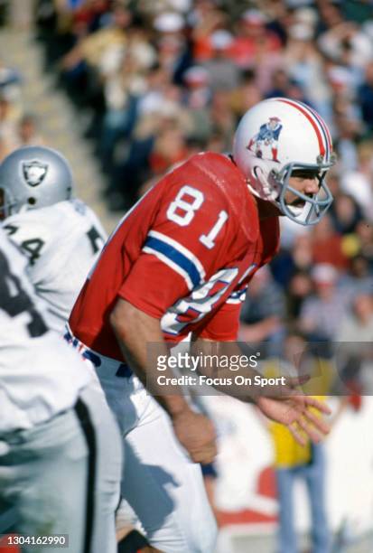 Russ Francis of the New England Patriots in action against the Oakland Raiders during an NFL football game October 3, 1976 at Schaefer Stadium in...