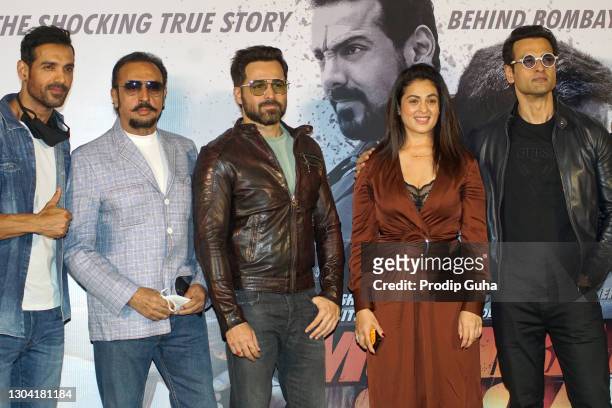 John Abraham,Gulshan Grover,Emraan Hashmi, Anjana Sukhani and Rohit Roy attend the film 'Mumbai Saga' trailer launch on February 26, 2021 in Mumbai,...