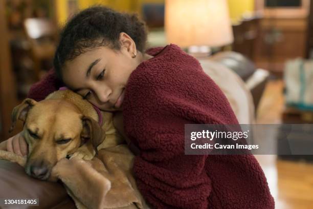 biracial eleven year-old girl embracing a small brown dog - 13 year old black girl stock-fotos und bilder