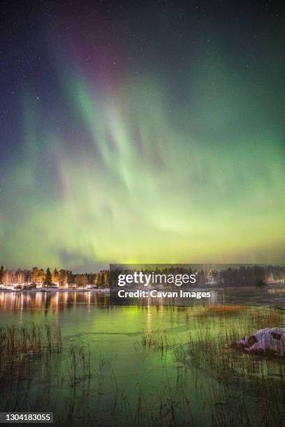 northern lights over snowy and frozen lake - lulea - fotografias e filmes do acervo