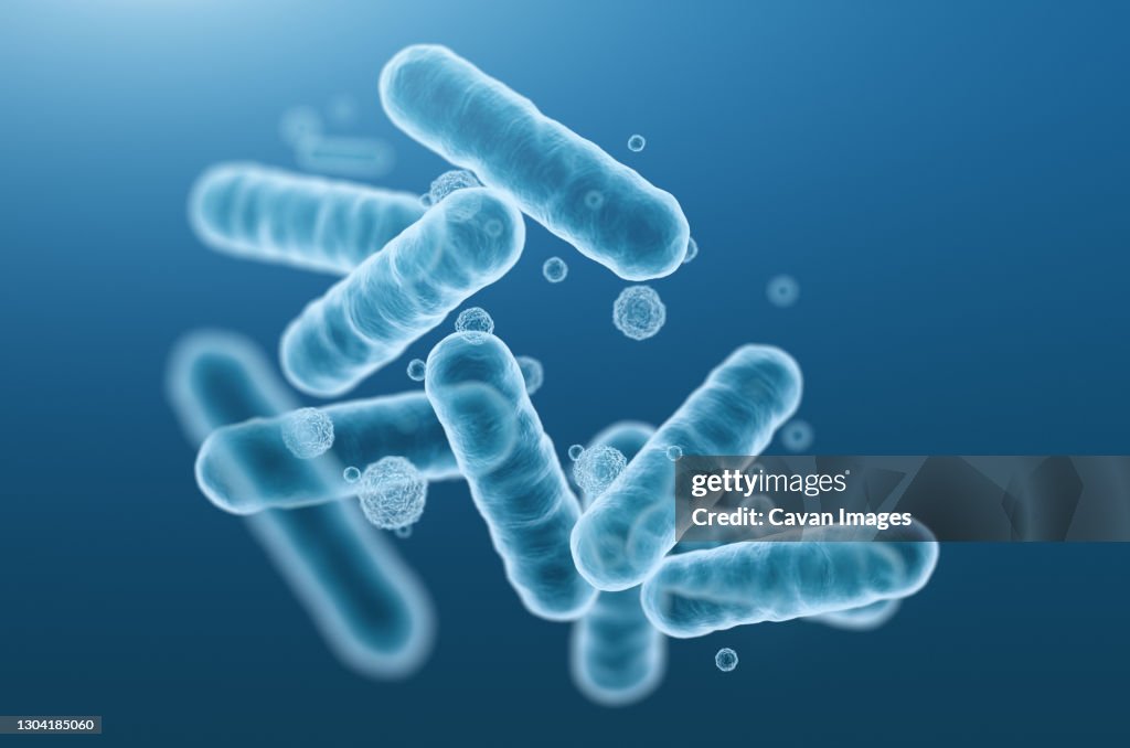 Close-up of 3d rendering microscopic blue bacteria.