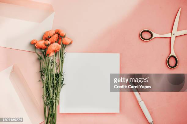 white paper blank and beautiful ranunculus flower on white table top view for wedding mockup or greeting card on mother day in flat lay style. - white flower paper stock pictures, royalty-free photos & images