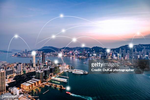 city network of hong kong - commercial buildings hong kong morning stock pictures, royalty-free photos & images