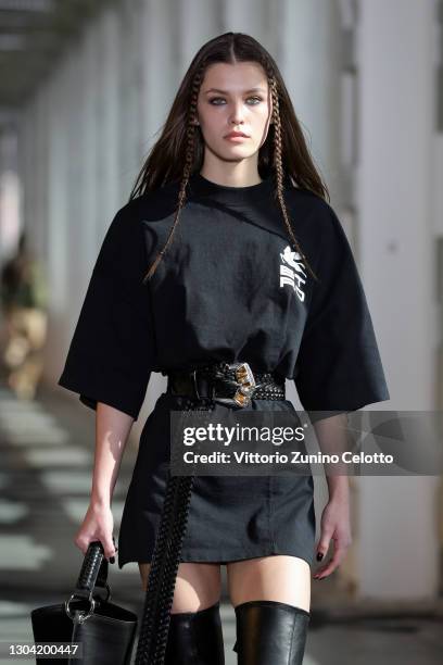 In this image released on February the 26th, a model walks the runway at the Etro Fashion Show during the Milan Fashion Week Fall/Winter 2021/2022 on...