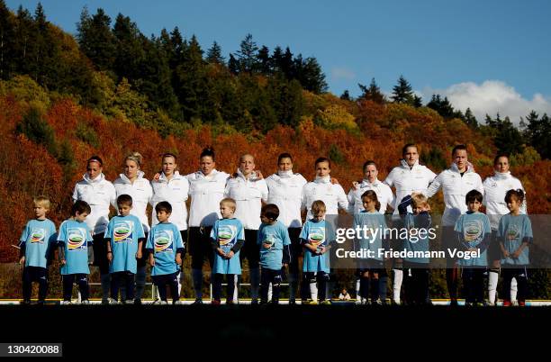 The team of Germany lines up during the U19 Women's International friendly match between Germany and Sweden on October 26, 2011 in Konz, Germany.