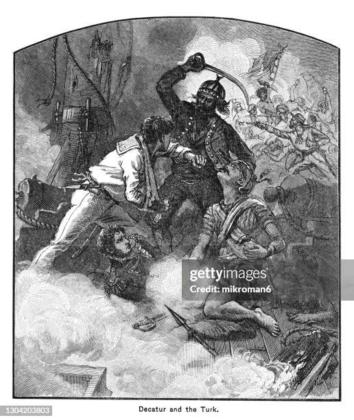 old engraved illustration of commodore stephen decatur's life saved in a shipboard battle of algeria - historical istanbul stockfoto's en -beelden