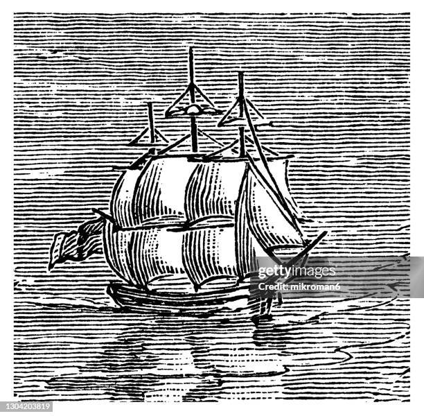 old engraved illustration of sailing vessel, sailing ship - 19th century style stock illustrations bildbanksfoton och bilder