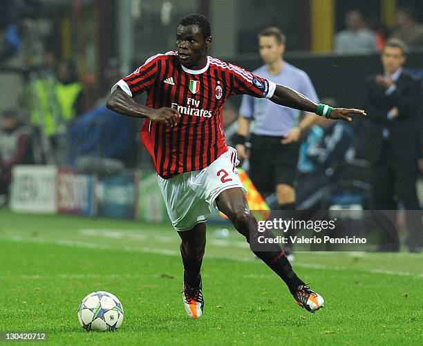 Taye Taiwo of AC Milan in action during the UEFA Champions League group H match between AC Milan and FC BATE Borisov at Giuseppe Meazza Stadium on...