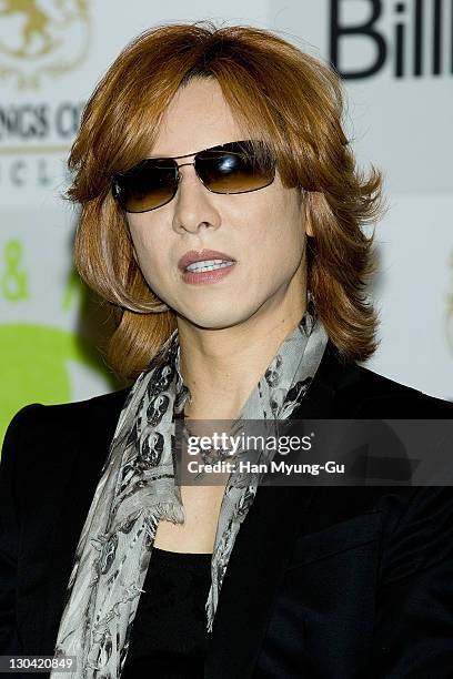 Japanese musician Yoshiki of the group X Japan speaks during a press conference prior to their concert at Sheraton Seoul D Cube City Hotel on October...