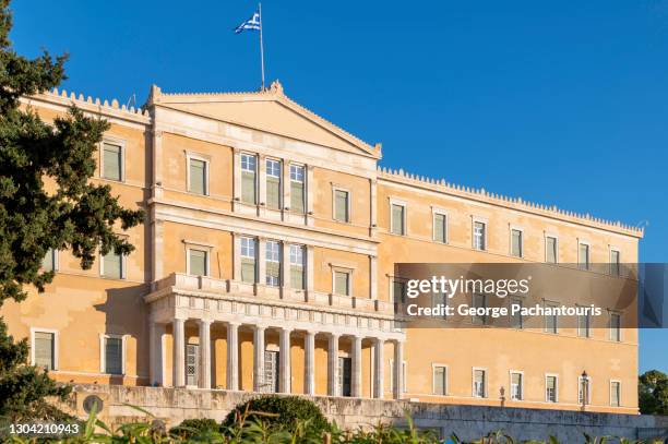 facade of the greek parliament in athens, greece - greek parliament stockfoto's en -beelden