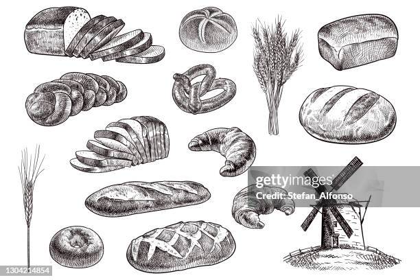 ilustraciones, imágenes clip art, dibujos animados e iconos de stock de dibujo vectorial de productos de panadería - bakery