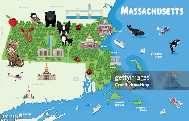 マサチューセッツ州の漫画マップ - セミクジラ科点のイラスト素材／クリップアート素材／マンガ素材／アイコン素材