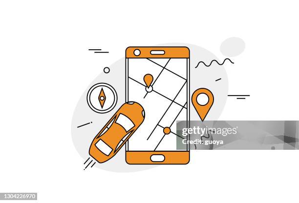 mobile phone, car, compass, positioning, navigation icon - following car stock illustrations