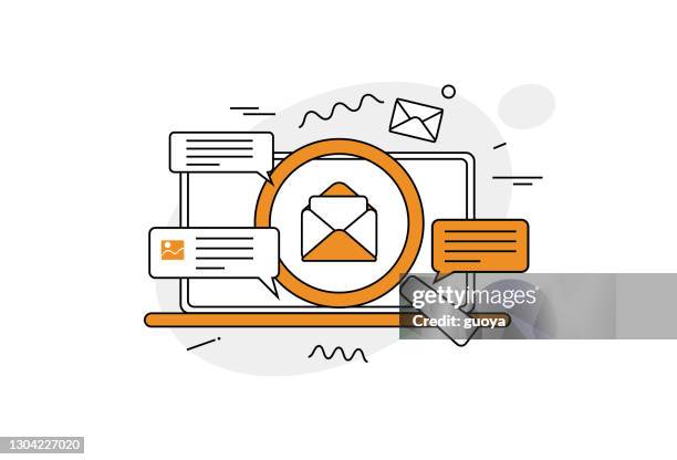 laptop, search, magnifying glass, email, information icon - magnifying glass laptop stock illustrations