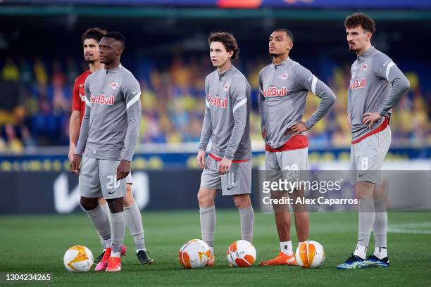 Andre Ramalho, Patson Daka, Brenden Aaronson, Antoine Bernede and Mergim Berisha of RB Salzburg look on during warm up prior to the UEFA Europa...