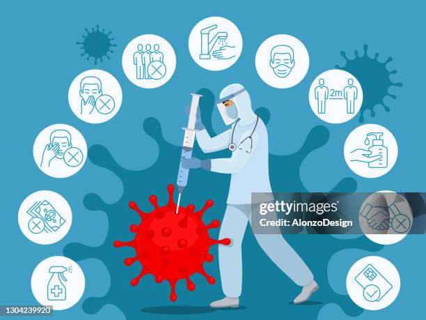 doctor killing coronavirus. antivirus vaccine concept. covid-19 outbreak prevention icons set. - scrubbing up stock illustrations